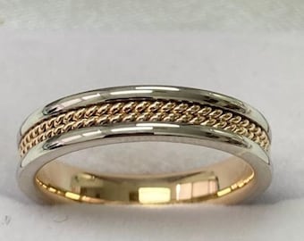 4mm 10K 14K 18K Solid White and Yellow Gold Wedding Band, Rope Braided Handmade Mens Wedding Ring, Two Tone Gold Wedding Bands