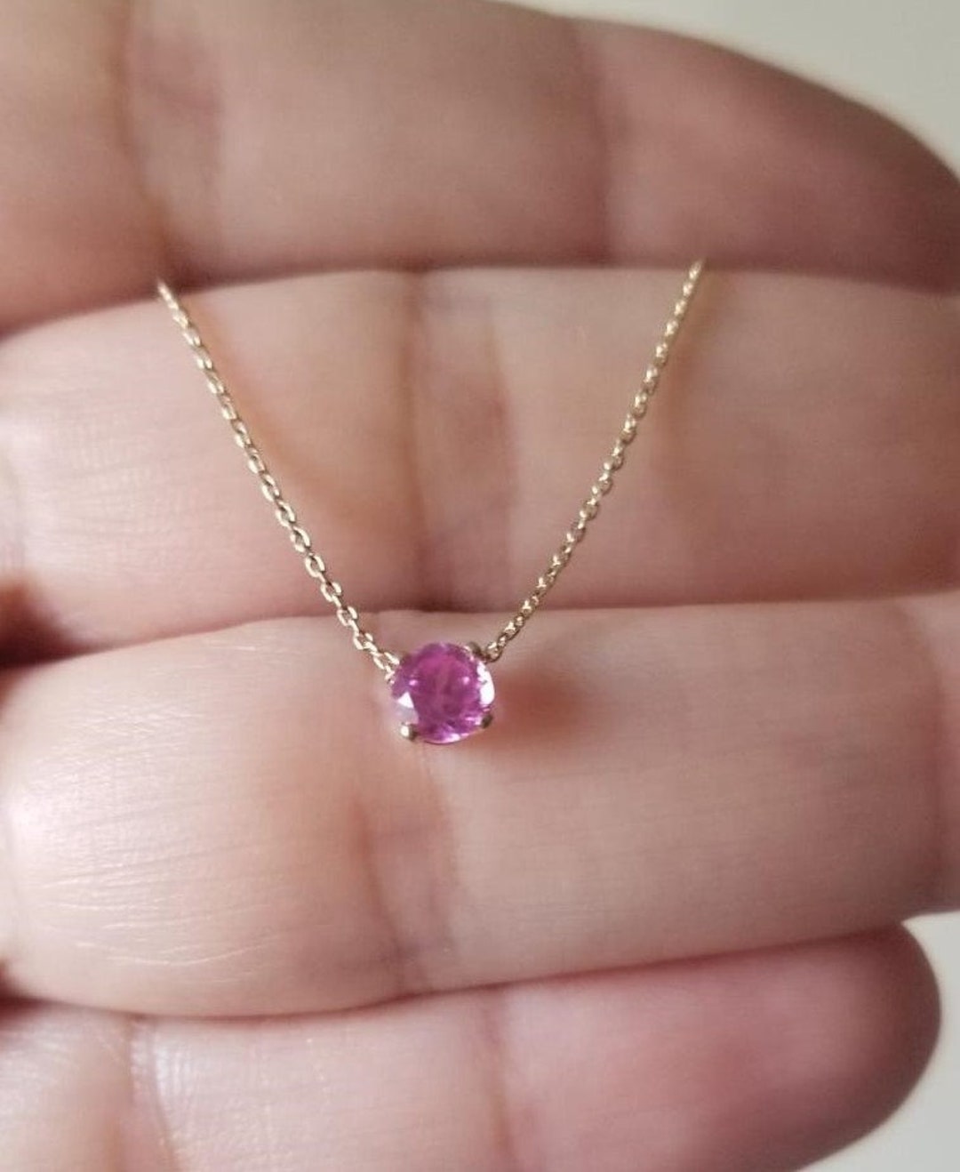 14K Pink Sapphire Diamond Pendant on Ruby Beaded Necklace