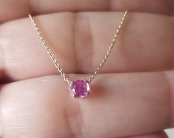 14K Gold Pink Sapphire Necklace, 4mm Prong Setting Round Pink Sapphire Solitaire Necklace, September Birthstone, Womens Necklace, Gemstone