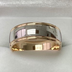 Mens Wedding Band, Mens Wedding Ring, 8mm 10K 14K 18K Solid White and Yellow Gold Shiny Finish Wedding Bands, Two Tone Gold Wedding Bands