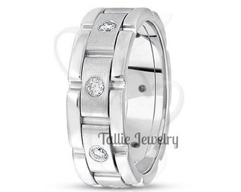 7mm 10K 14K 18K Solid White Gold Mens Wedding Bands, Diamond Mens Wedding Rings, Diamond Wedding Bands