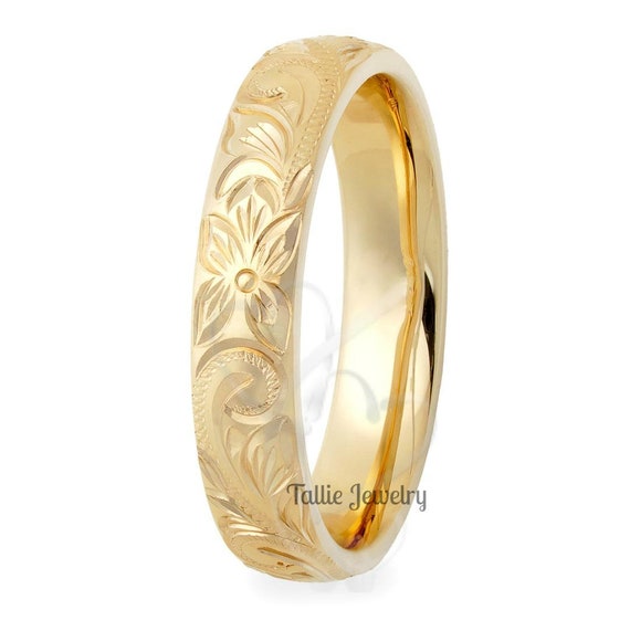 4mm 10K 14K 18K Solid Yellow Gold Hand Engraved Wedding Band ,hand
