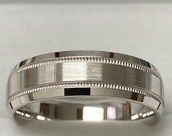 6mm 10K 14K 18K Solid White Gold Mens Wedding Band, Milgrain Satin Finish Mens Wedding Ring, Comfort Fit