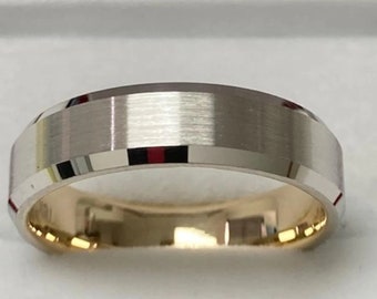 18K Solid Yellow Gold and  Platinum Wedding Bands, Beveled Edge Platinum Mens Wedding Ring, 950 Platinum Mens Wedding Band, Comfort Fit