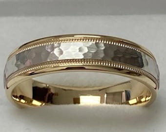 18K Solid Yellow Gold and Platinum Wedding Bands, Hammered Finish Platinum Mens Wedding Ring, Platinum Mens Wedding Band