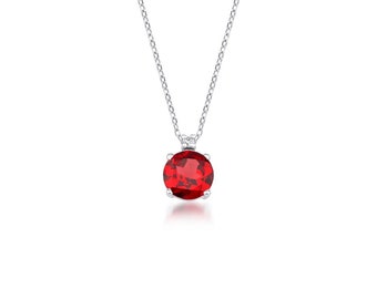 14K Solid White Gold Ruby Solitaire Necklace, Round Ruby Necklace ,Diamond Solitaire Necklace, July Birthstone, Diamond Necklace, Gemstone