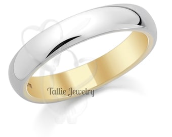 10K 14K 18K Solid White and Yellow Gold Mens Womens Wedding Ring, Two Tone Gold Wedding Bands, Dome Shiny Finish Two Tone Wedding Ring