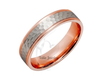 6mm 10K 14K 18K Solid White and Rose Gold Wedding Bands, Hammered Finish Mens and Womens Wedding Rings, Two Tone Gold Wedding Bands