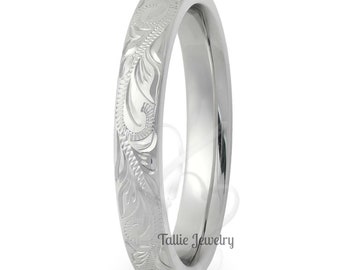 Hand Engraved Mens and Womens Wedding Bands, Hand Engraved Wedding Ring, 3mm 10K 14K 18K Solid White Gold Wedding Bands