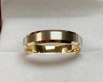 Two Tone Gold Wedding Bands, Satin Finish, Beveled Edge, Comfort Fit,4mm 10K 14K 18K Solid White and Yellow Gold Men and Women Wedding Bands