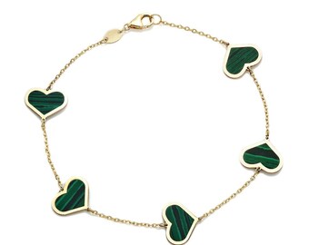 14K Yellow Gold Malachite Heart Bracelet, Heart Station Bracelet ,Green Malachite Heart Bracelet ,Heart Charm, Love Bracelet, Gifts for Her