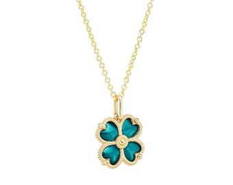 14K Solid Yellow Gold Four Leaf Clover Necklace, Four Leaf Clover Pendant,  Enamel Clover Necklace, Irish Clover Necklace, Good Luck Charm