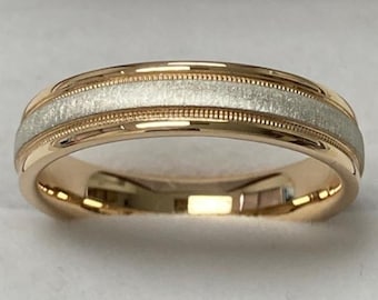 Two Tone Gold Wedding Bands, Milgrain Brushed Finish Mens and Womens Wedding Rings,5mm 10K 14K 18K Solid White and Yellow Gold Wedding Bands