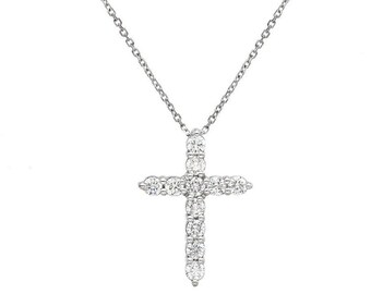 14K Solid White Gold Diamond Cross Necklace, 0.70 Carat Natural Round Diamond Cross Necklace, Cross Pendant, Baptism Gift