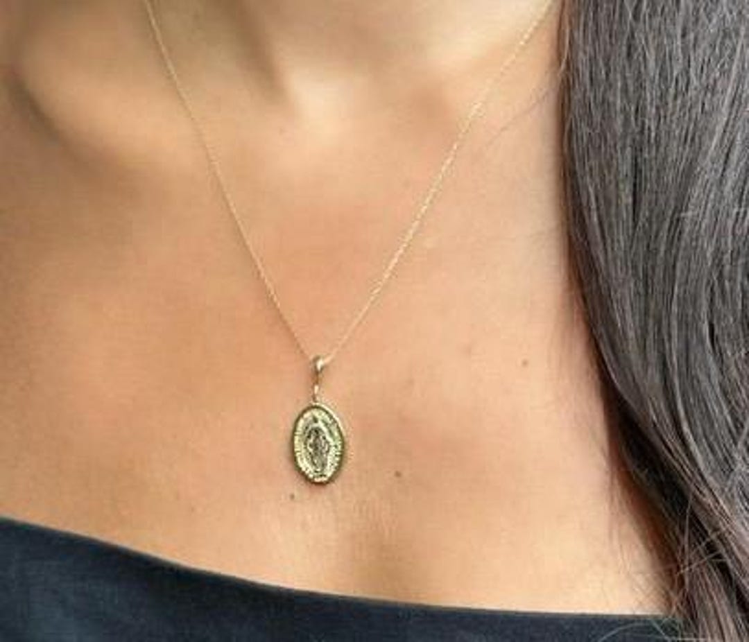 14K Solid Yellow Gold Virgin Mary Necklace, Miraculous Medallion Charm ...