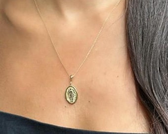 14K Solid Yellow Gold Virgin Mary Necklace, Miraculous Medallion Charm, Virgin Mary Pendant, 3.1 grams
