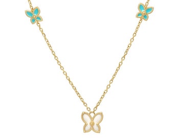 14K Solid Yellow Gold Butterfly Necklace, Turquoise Butterfly Necklace, Enamel Butterfly Necklace, Mother Of Pearl Butterfly Necklace