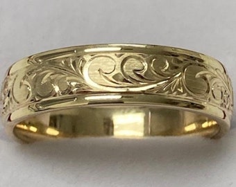 Hand Engraved Wedding Bands, 5.5mm 10K 14K 18K Solid Yellow Gold Hand Engraved Mens and Womens Wedding Rings, His and Hers Wedding Bands