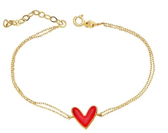 Heart Bracelet, 14K Solid Yellow Gold Enamel Bracelet Necklace, Red Enamel Heart Bracelet, Gold Heart Bracelet, Minimalist Heart Bracelet