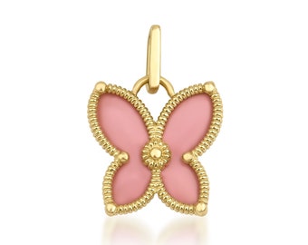 14K Solid Yellow Gold Butterfly Necklace ,Butterfly Pendant, Pink Enamel Butterfly Necklace, Butterfly Charm