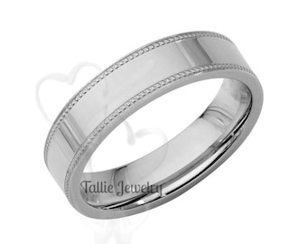 5mm 14K Solid White Gold Wedding Band, Flat Milgrain Wedding Bands for Men and Women, Polished, Comfort Fit, Classic Plain Mens Wedding Band