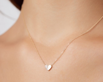 14K Gold Diamond Heart Necklace, Minimalist Heart Necklace, Dainty Heart Necklace Diamond Necklace, Bridesmaid Gifts, Small Heart Necklace
