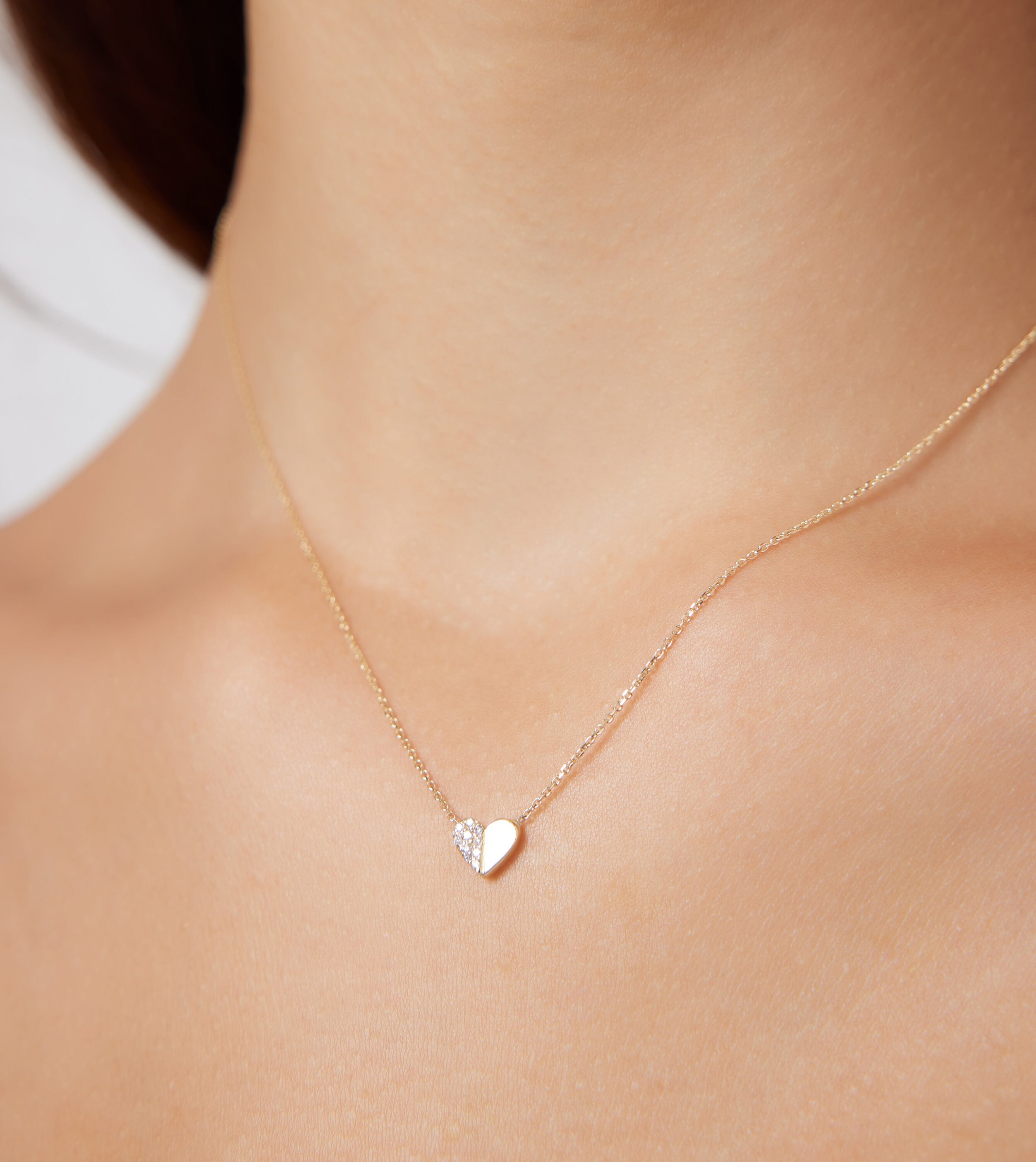 14K Solid White Gold Heart Necklace Minimalist Heart 