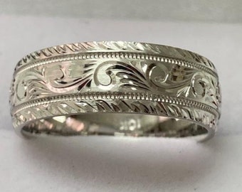 Hand Engraved Wedding Band, Hand Engraved Wedding Ring, 7mm 10K 14K 18K Solid White Gold Hand Engraved Mens Wedding Bands