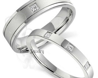 Princess Cut Diamond His and Hers Wedding Bands, Matching Wedding Rings Set , 10K 14K 18K White Gold Mens and Womens Diamond Wedding Rings