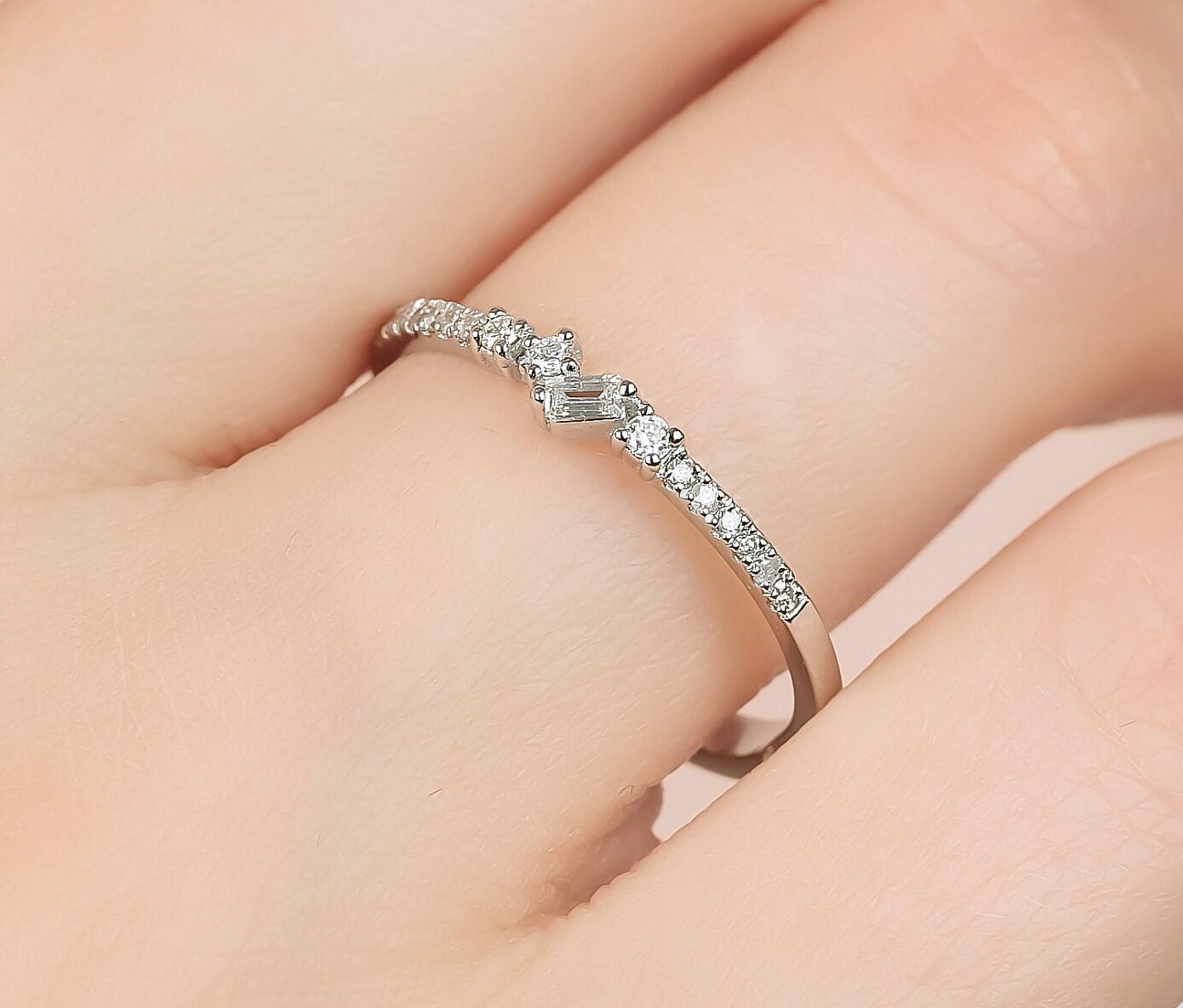 14K White Gold Baguette Diamond Wedding Ring , Minimalist