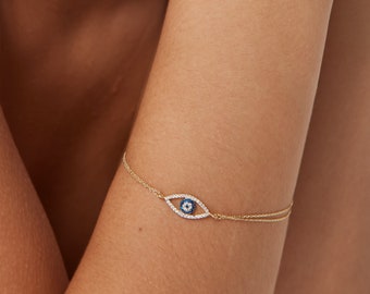 Evil Eye Bracelet, 14K Solid Yellow Gold Evil Eye Bracelet, Dainty Eye Shape Evil Eye Bracelet, Protection Bracelet, Minimalist Evil Eye