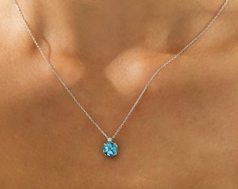 14K Solid White Gold Diamond and Blue Topaz Solitaire Necklace