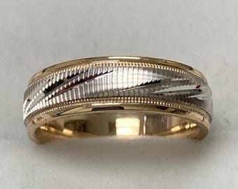 Two Tone Gold Wedding Bands, 5mm 10K 14K 18K White and Yellow Gold Mens Wedding Ring, Satin Finish Mens Wedding Band, Two Tone Wedding Bands