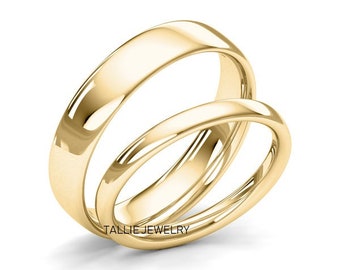 His and Hers Wedding Rings, Matching Wedding Bands Set , 10K 14K 18K Yellow Gold Classic Plain Dome Mens and Womens Wedding Rings