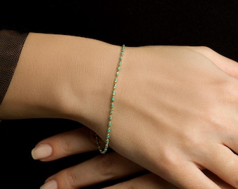 14K Solid Yellow Gold Beaded Bracelet, Green Enamel Beaded Bracelet ,Gold Bracelet