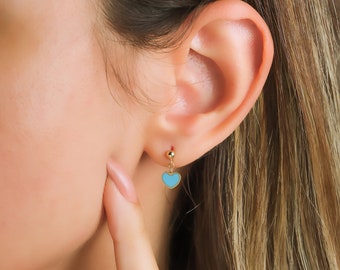 14K Solid Yellow Gold Heart Earrings, Turquoise Heart Earrings, Minimalist Heart Dangle Earrings, Turquoise Stud Earrings