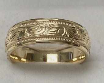 Hand Engraved Mens Wedding Ring, Hand Engraved Mens Wedding Band, 7mm 10K 14K 18K Solid Yellow Gold Hand Engraved Rings