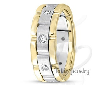 Two Tone Gold Wedding Bands, 8mm 10K 14K 18K Solid White and Yellow Gold Mens Wedding Rings, Mens Diamond Wedding Bands