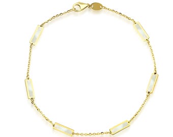 14K Solid Yellow Gold Mother of Pearl Bracelet, Mother of Pearl Bar Bracelet, Pearl Bar Station Bracelet