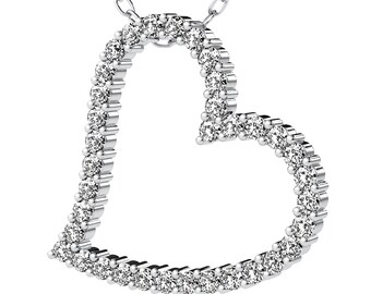 14K Solid White Gold 0.75 Carat Diamond Heart Necklace, Diamond Heart Pendant, Diamond Necklace, Open Heart Necklace, Valentines Day Gifts