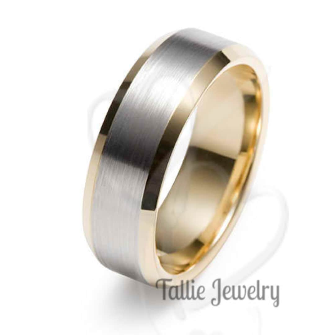 Two Tone Gold Wedding Bands, 8mm 10K 14K 18K White and Yellow Gold Mens ...