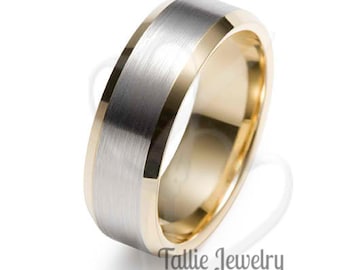 Two Tone Gold Wedding Bands, 8mm 10K 14K 18K White and Yellow Gold Mens Wedding Rings, Rings for Men ,Beveled Edge Mens Wedding Band