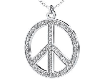 14K Solid White Gold Peace Sign Necklace, 0.50 Carat Natural Diamond Peace Sign Necklace, Diamond Necklace, Peace Sign Pendant