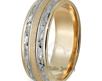 Hand Engraved Mens Wedding Band, Hand Engraved Mens Wedding Ring, Two Tone Gold Wedding Bands, 8mm 14K White & Yellow Gold Wedding Rings