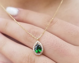 Emerald Necklace, 14K Yellow Gold Emerald Solitaire Necklace, Pear Shape Emerald Necklace, Diamond CZ Emerald Necklace, May Birthstone