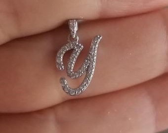 14K Solid White Gold Diamond Initial Necklace, 0.35 Carat Lab Grown Diamond Initial Pendant, Script Letter Y Necklace