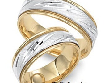 His and Hers Wedding Bands, Matching Wedding Rings Set, 7mm 10K 14K 18K Solid White and Yellow Wedding Rings, Two Tone Gold Wedding Bands