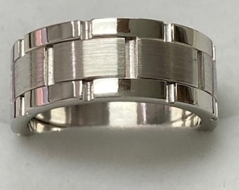 8mm 10K 14K 18K Solid White Gold Mens Wedding Band, Satin and Shiny Finish Handmade Mens Wedding Ring,  Rolex Style Wedding Band
