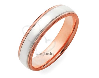 Two Tone Gold Wedding Bands,5mm,10K 14K White and Rose Gold Beveled Edge Mens Wedding Rings,Matching Wedding Bands,His & Hers Wedding Rings