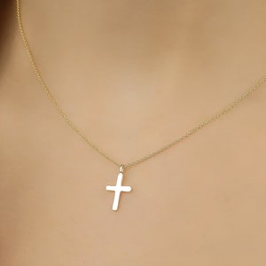 14K Solid Yellow Gold Cross Necklace, Crucifix Cross Necklace, Small Cross Necklace, Minimalist Cross Necklace, Baptism Gift, Cross Pendant